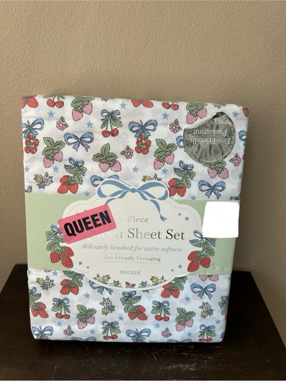 Envogue Queen Sheet Set Strawberry Bows Americana Red White Blue New 4 Pc